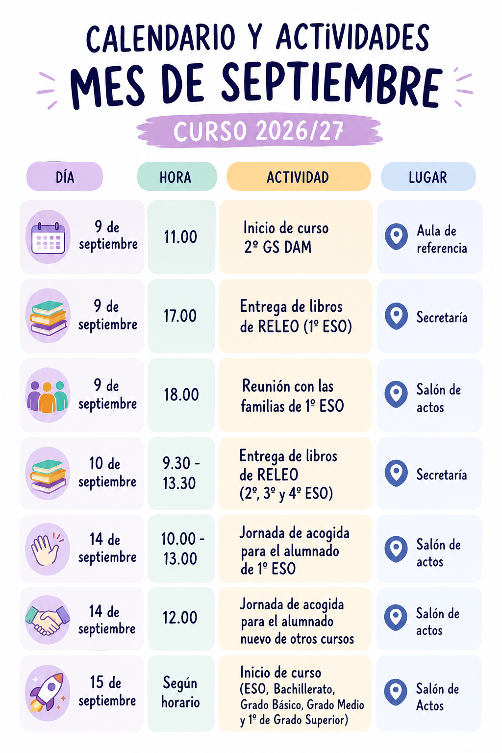 Calendario actividades sep26